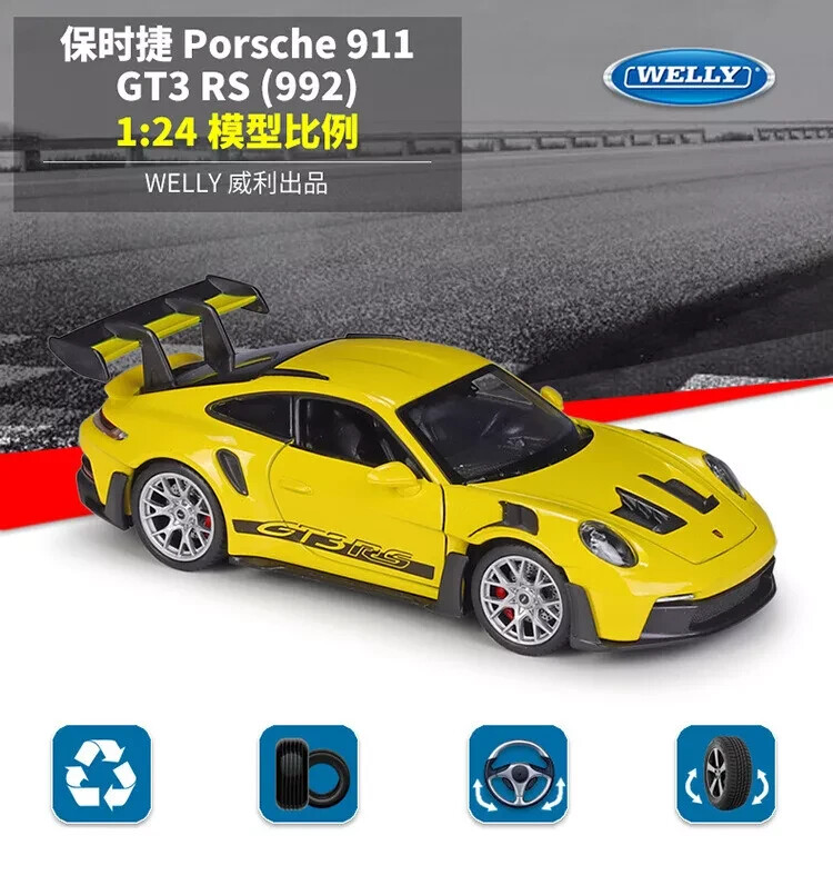 Welly NEX 1/24 Porsche 911 992 GT3 RS Yellow Racing Model - Import
