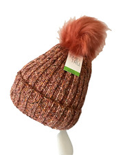 TIME AND TRU Marled Pink Pom-Pom Beanie Faux Fur Lined Hat One Size