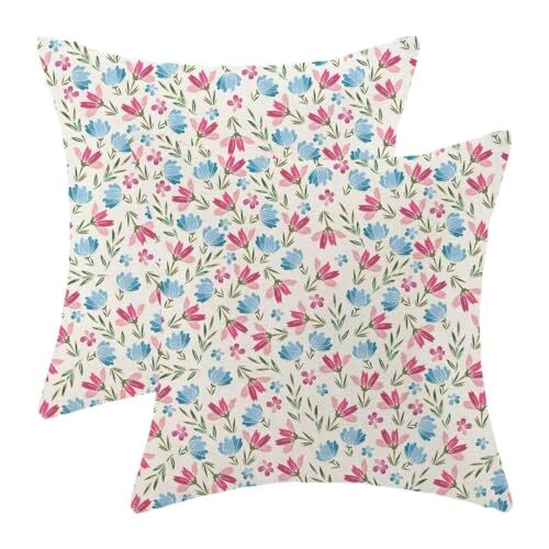 18x18 Inch Spring Daisy Floral Pillow Covers - Pink & Blue Botanical Print Set
