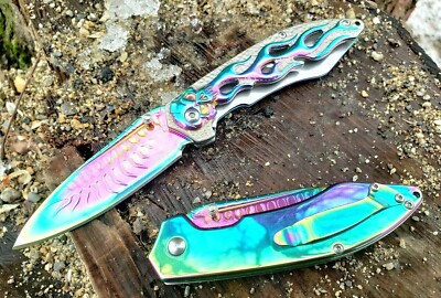 Rainbow Skull Flames 3CR13 Thumb Stud Pocket Knife Tip Up Carry