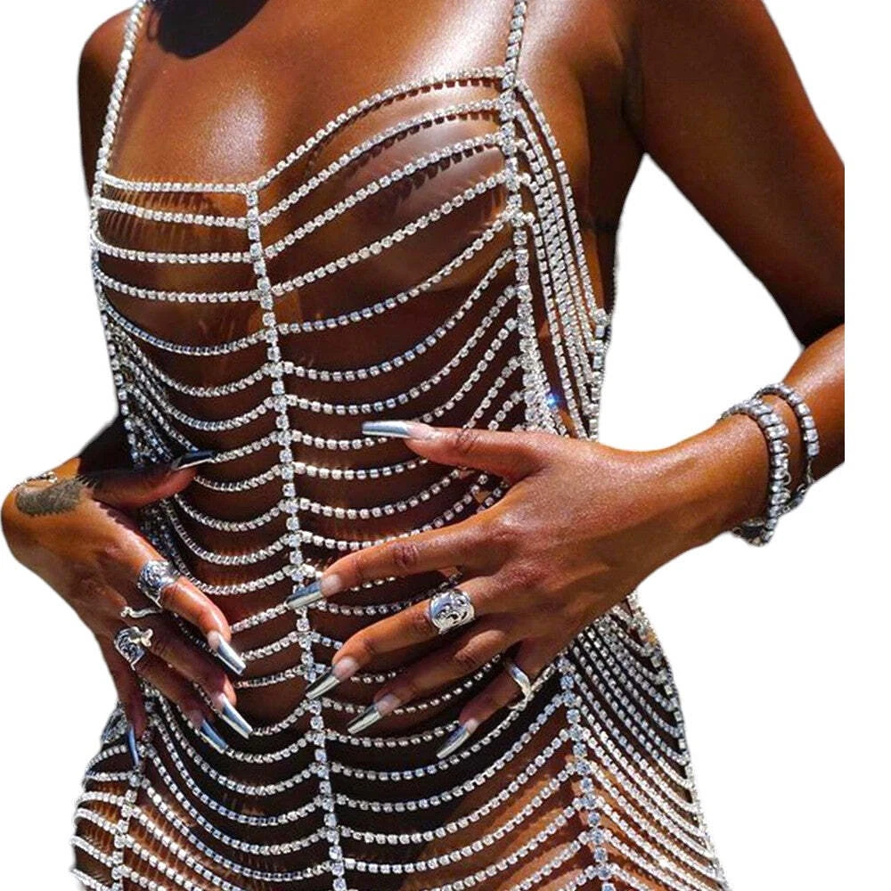 Rhinestone Bodysuit Dress Women Top Summer Bikini Rave Body Chain Harness  Body J