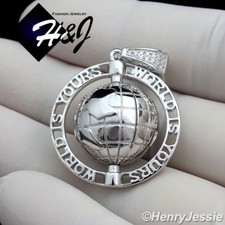 MEN 925 STERLING SILVER SILVER ICY BLING CZ "WORLD IS YOURS" GLOBE PENDANT SP138