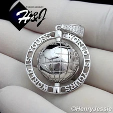 MEN 925 STERLING SILVER SILVER ICY BLING CZ "WORLD IS YOURS" GLOBE PENDANT*SP138