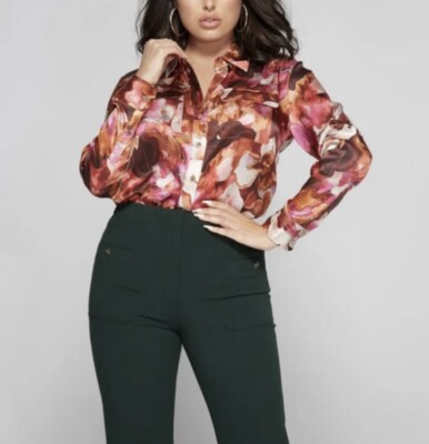 NWT Guess By Marciano Orchid Abstract Floral Long Sleeve Button