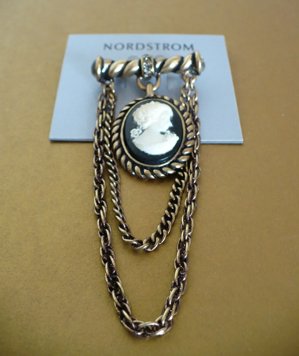 Nordstrom White Cameo Face w Black Background Draped Chain Brooch