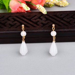 Authentic White Natural Jade Flower Earrings Vintage Ear Stud Designer 18K Gold Plated
