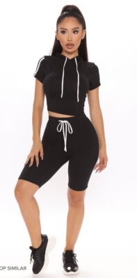 Fashion Nova Black Tennis Court Short Sleeve Top And Biker Shorts