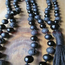 6MM Lava Black Onyx Gemstone 108 Beads Tassels Necklace Sutra Mala Handmade