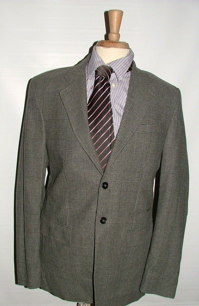 MENS CLUB MONACO BLAZER SIZE 43 R WOOL NYLON BLACK GRAY PLAIDS
