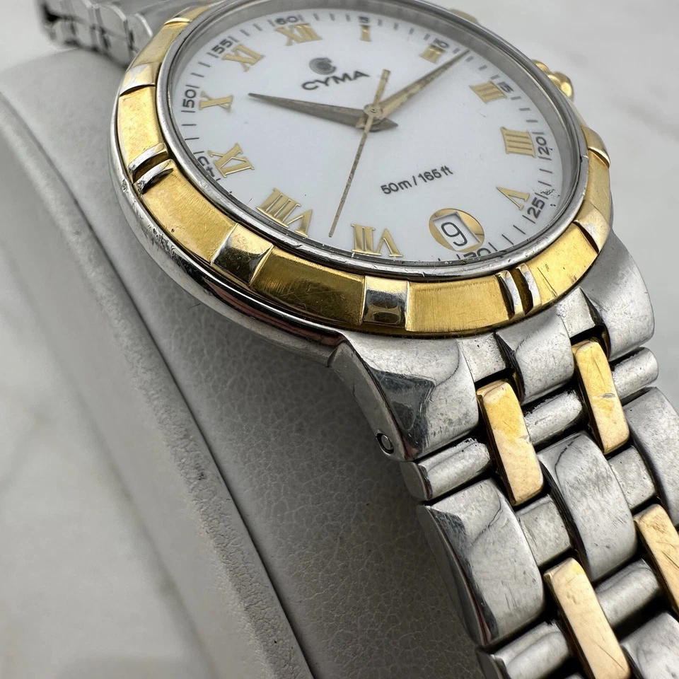 "Reloj para hombres CYMA Le Locle hecho en Suiza dorado tono plata 35 mm talla 7,8"" fecha, funcionando" Foto 2 de 4