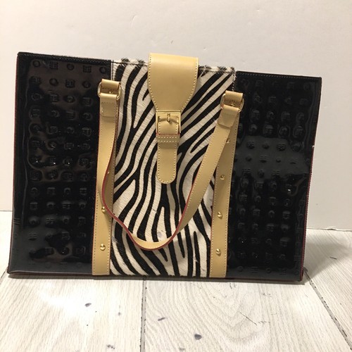 Arcadia Patent Leather Logo Embossed Zebra Print Calf Hair Tote Bag Italy - Picture 2 of 11