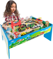 Wooden Train Set - 75-Piece Play Set with Tracks, Vehicles, Buildings, Character