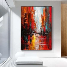 Hand Painted Oil Painting On Canvas Abstract City 3D Colorful Modern Red