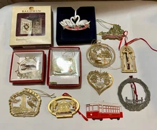 Lot of Twelve (12) Assorted Gold & Pewter Souvenir Travel Christmas Ornaments