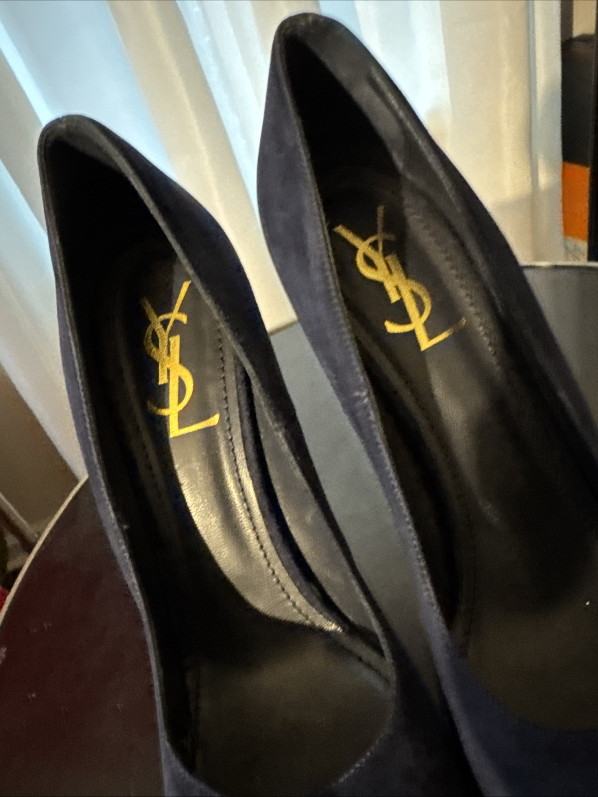 SAINT LAURENT Decolte YSL Tribtoo blu navy scuro pelle scamosciata plateau tg 40 tacco 6" punta tonda