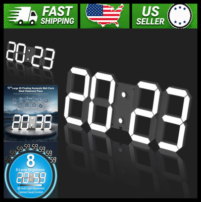 3D Digital Wall Clock 17'' LED with Remote, Timer, Date, Temp, Adjustable