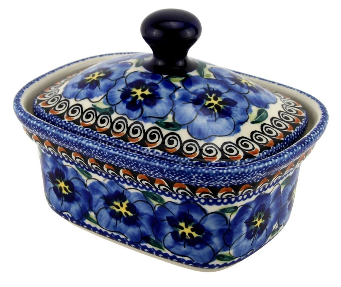 Polish Pottery Butter Dish / Container with Lid, 5.75" L x 4" W x 4" H, 14 Oz.