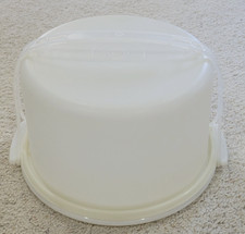 Tupperware 10 Zoll runder Kuchenträger 683 684 – weißer Boden, transparente Oberseite, Griff #624