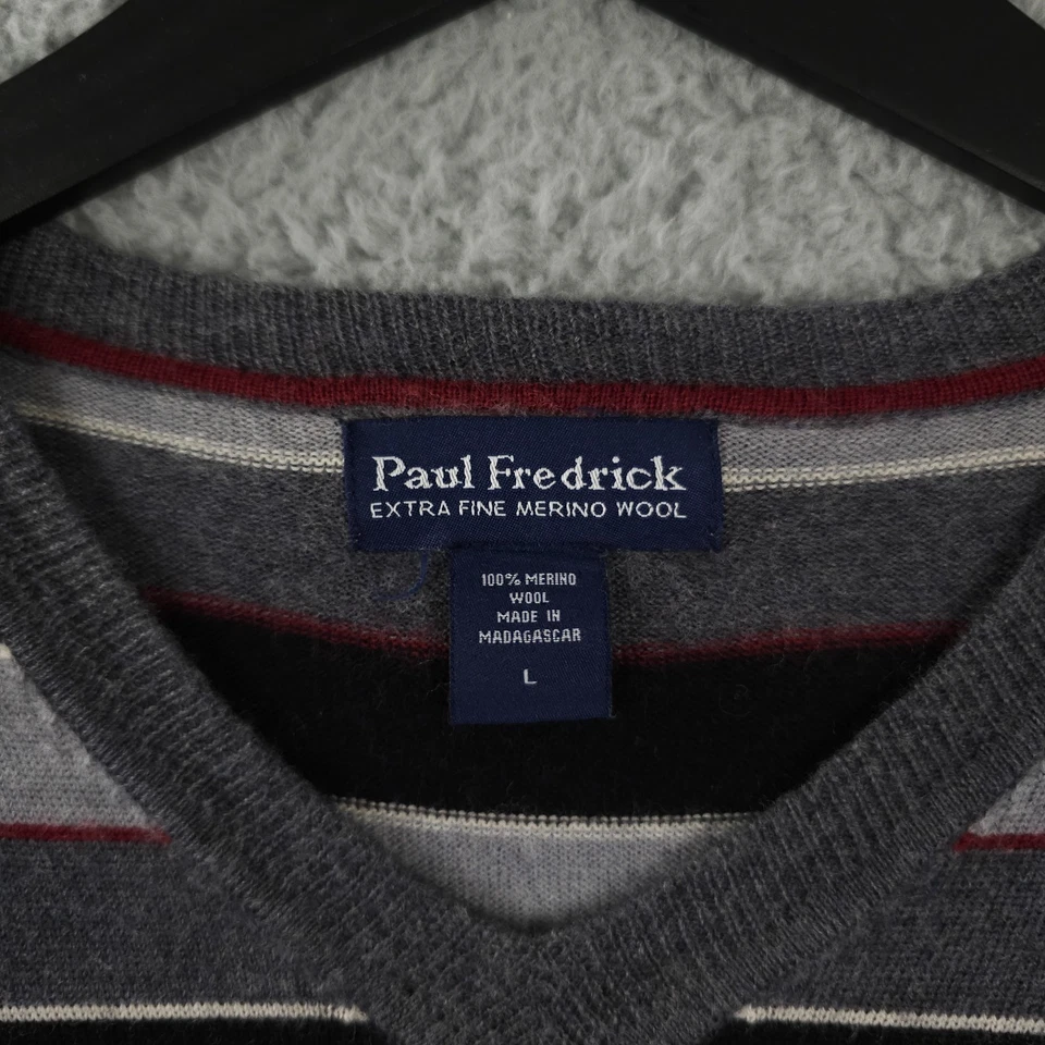 Paul Fredrick Sweater Mens Large Gray Red Striped V Neck Extra Fine Merino Wool - Image 3 of 4