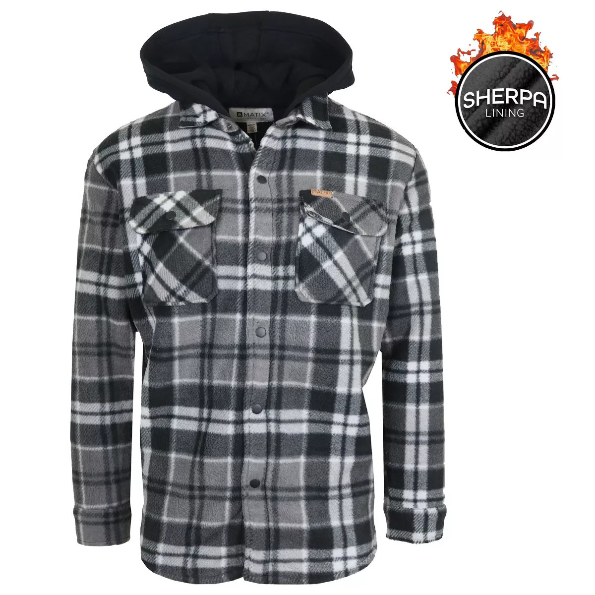 МУЖСКАЯ ФЛАНЕЛЕВАЯ КУРТКА MATIX С КАПЮШОНОМ НА ПОДКЛАДКЕ ИЗ ИСКУССТВЕННОГО ШЕРЛИНГА - РАЗМЕР: МУЖСКОЙ M - ЧЕРНЫЙ
