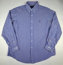 Polo Ralph Lauren Custom Fit Shirt Men 17 34/35 Blue Pink Stripe Button Down