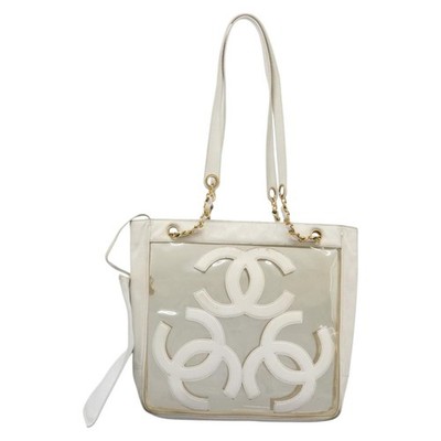 CHANEL Triple Coco Chain Tote Bag Vinyl Leather White Gold CC Auth