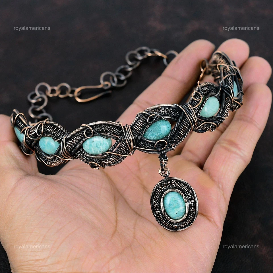 Sisters Day Sale Copper Oval Natural Amazonite Wife Chain Handcrafted Necklace - Imagem 4 de 4