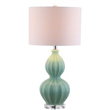 28" Seafoam Green Fluted Ceramic Gourd Table Lamp, Midcentury Glam Bedside La...