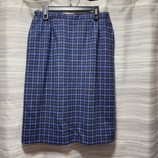 Vintage PENDLETON Houndstooth 100 Virgin Wool Plaid Skirt Blue Black Sz 16 USA