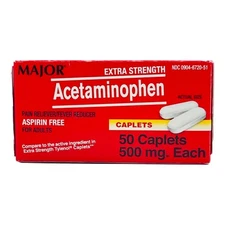 Major Acetaminophen Extra Strength 500 mg Pain Relief Aspirin Free, 50 Tablet