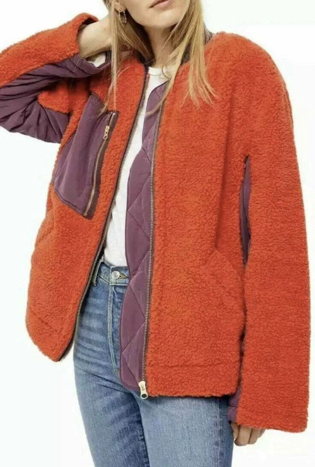 Jaqueta Free People We The Free Rivington Sherpa laranja roxa com zíper tamanho médio - Imagem 3 de 4