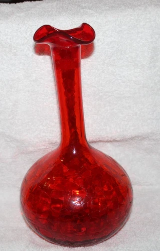 blenko red crackle glass bottle