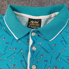 Vintage Chip Beck Polo Shirt Mens XL Teal All Over Print Golf Clubs Made in USA