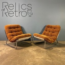 Pair Of Sling Brown Corduroy Lounge Chairs Mid Century Vintage Retro MCM