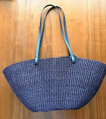 Authentic Loewe Anagram Leather Raffia Shell BaskeTote Shoulder Bag Black