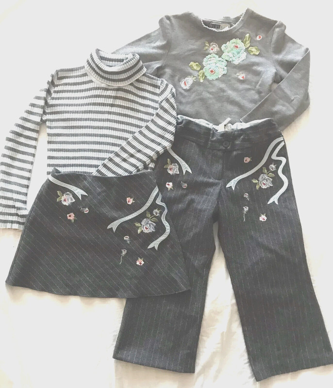 Girls Wool Blend Pants Skirt Cotton Sweater Top outfit 4-pc Set Grey sz 4T 5T