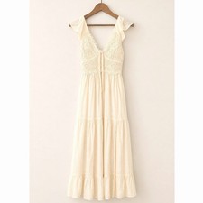 Palm & Flower Cream Lace Tiered Maxi Dress Open Back Bow Detail Womens Size M