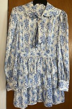Love Shack Fancy Daly Mini Dress Ruffles Long Sleeve Blue/White Floral SZ 4