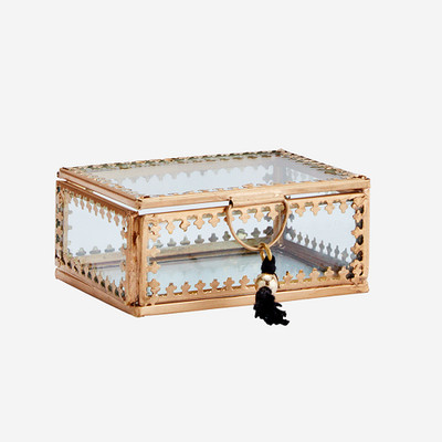 Glas Aufbewahrungsbox klein rechteckig gold mit Quaste von Madam Stoltz