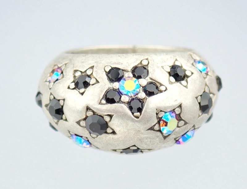 Sparkling Large Vintage Estate Silver Tone Rhinestone Floral Stars Bombe Ring 8
