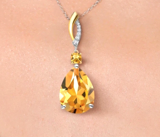 925 Silber Zweifarbig Vergoldet 22.20 Karat Citrin Und Moissanit Damen Anhänger - Bild 2 von 4