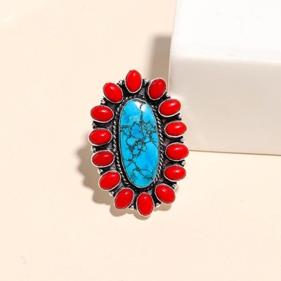 Turquoise, Red Coral Gemstone Handmade 925 Sterling Silver Ring Wedding Jewelry