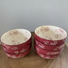 SET OF 7 - Temptations by Tara Cranberry Red Floral Lace Cereal Soup Bowls 6.5”