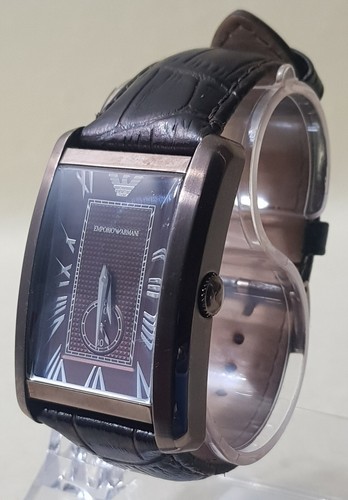 EMPORIO ARMANI AR0143 Red Dial Leather Strap Rectangular Watch...NEW BATTERY - Picture 3 of 9