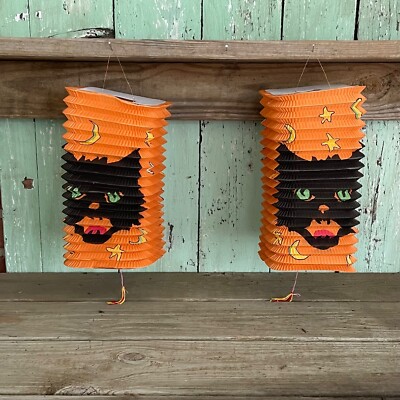 2 HALLOWEEN BLACK CAT PAPER FOLDING ACCORDIAN LANTERNS