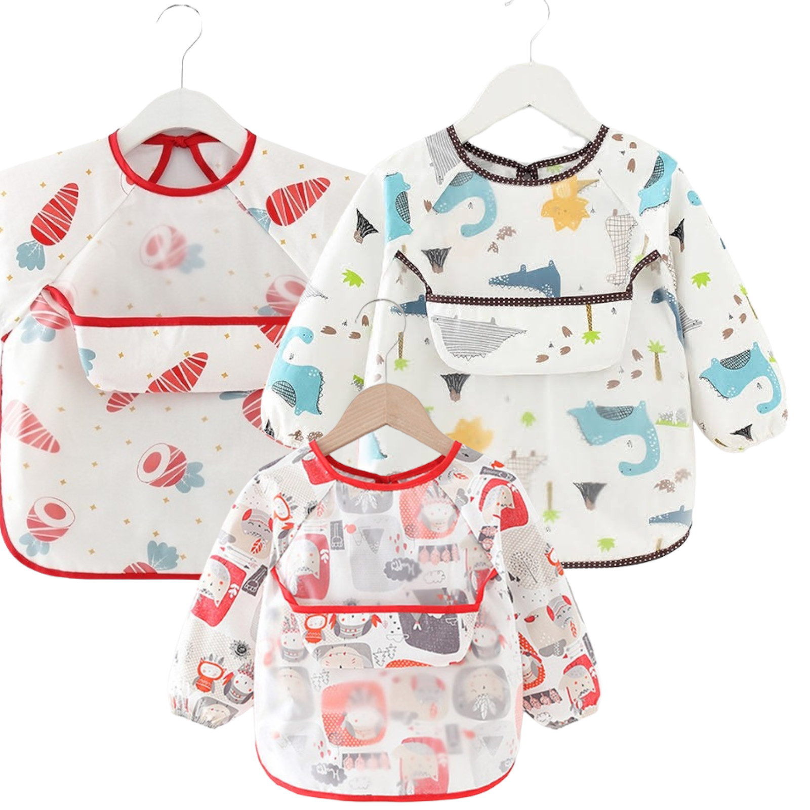 3-Pack Waterproof Long Sleeve Baby Bibs &ndash; Safari Print for Toddlers 6&ndash;24 M