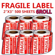 6 Roll Fragile Stickers 2x3 Handle With Care Thank You Warning Labels 500 / Rol