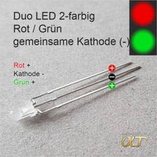 10 x Duo LED 3mm Rot Gr&uuml;n , Kathode (- Minus), diffus + Widerst&auml;nde 2-16V