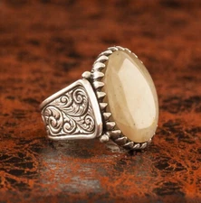 Amber ring sterling silver handmade yellow big stone amber carved silver ring