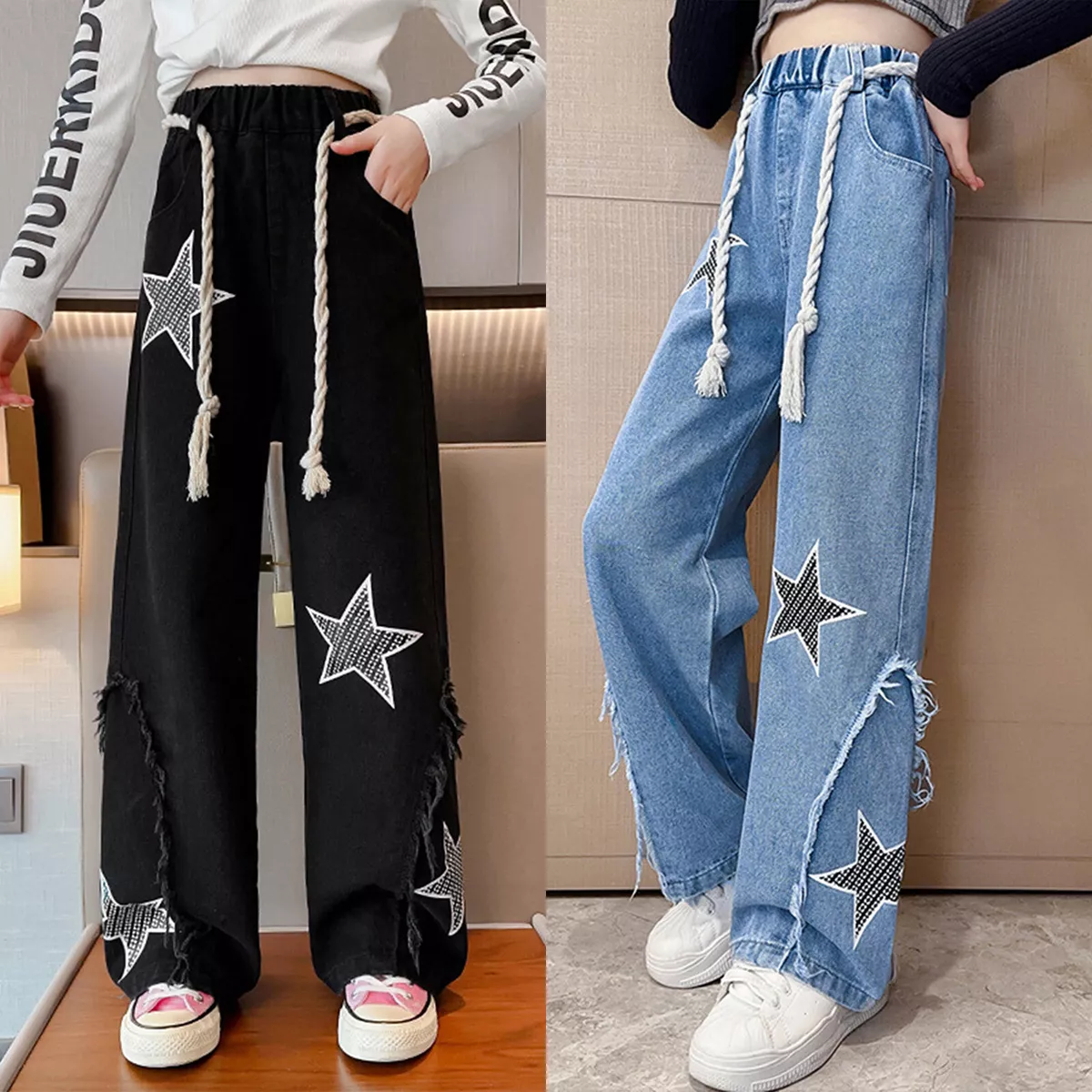 Kids Girls Jeans Fashion Denim Pants Unique Trousers Elastic Waistband  Ripped